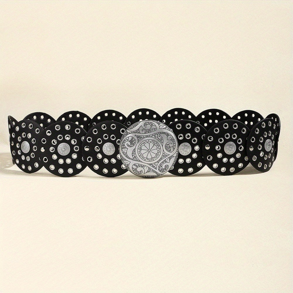 Disc Hook Leather Retro Rivet Alloy Belt Wide Belt - sparklesway.co.uk