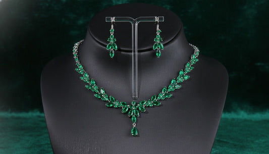 Emerald Green Crystal Jewelry Set | Statement Necklace & Earrings for Women - sparklesway.co.uk