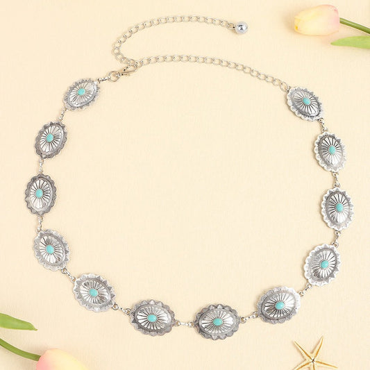 Turquoise Inlaid Waist Chain Ancient Carving Vintage Gold Accessories - sparklesway.co.uk