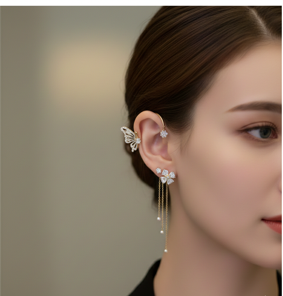 Light And Luxurious Full Zirconium Butterfly Flower Tassel Earrings Without Pierced Color Preservation