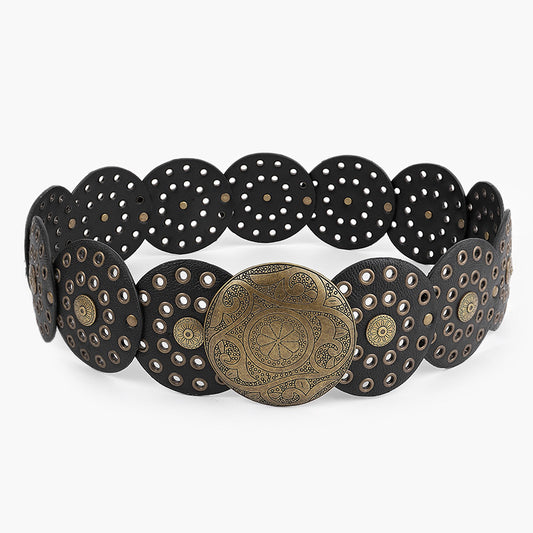 Disc Hook Leather Retro Rivet Alloy Belt Wide Belt - sparklesway.co.uk 