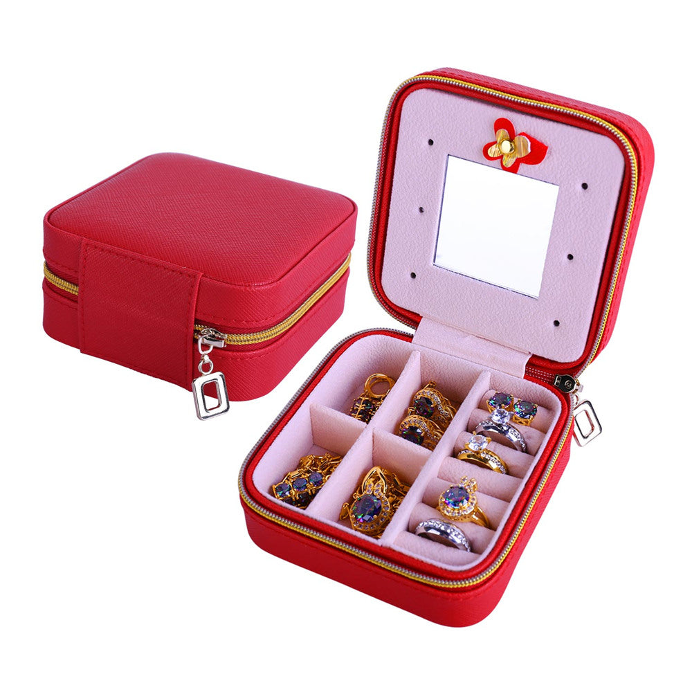 Women Jewelry Organizer Box PU Leather Travel Makeup Cosmetic Case with Mirror & Zipper - sparklesway.co.uk 