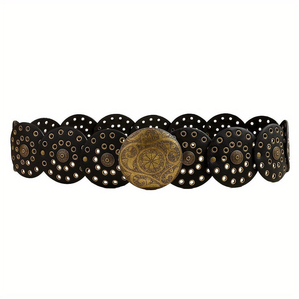 Disc Hook Leather Retro Rivet Alloy Belt Wide Belt - sparklesway.co.uk 
