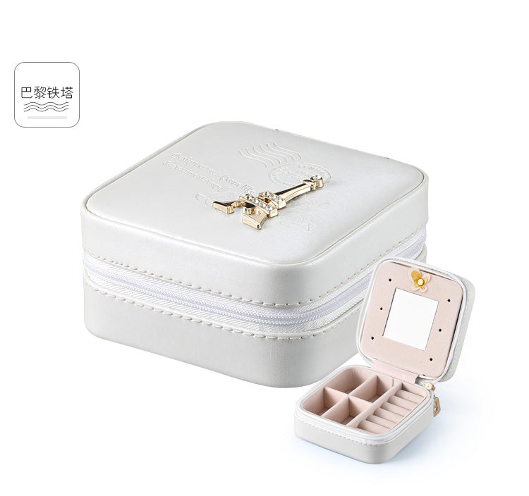 Women Jewelry Organizer Box PU Leather Travel Makeup Cosmetic Case with Mirror & Zipper - sparklesway.co.uk 