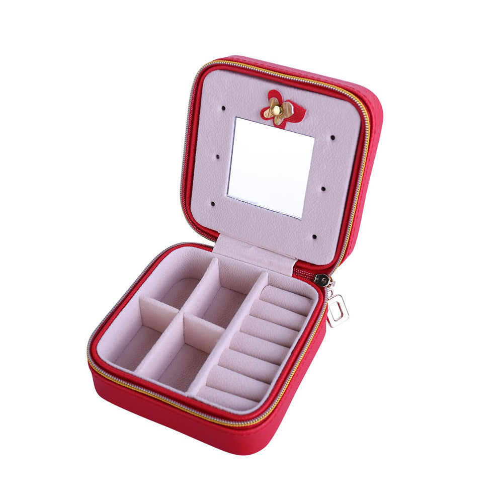 Women Jewelry Organizer Box PU Leather Travel Makeup Cosmetic Case with Mirror & Zipper - sparklesway.co.uk 