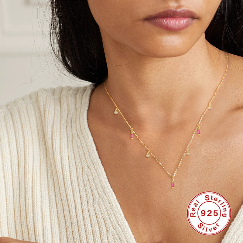 S925 Sterling Silver Rectangular Pendant Clavicle Necklace - sparklesway.co.uk 