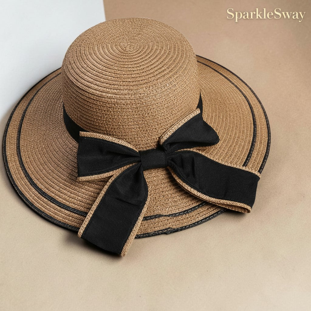 Beige straw hat with a black ribbon on a beige background, branded 'SparkleSway'.