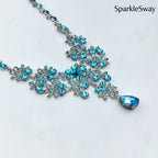 Blue gemstone necklace on a white background with 'SparkleSway' branding.