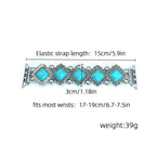 Silver-toned elastic bracelet with six turquoise-colored square stones, shown with overlaid dimension lines and text indicating strap length of 15cm, width of 3cm, fit for most wrists, and weight of 39g.