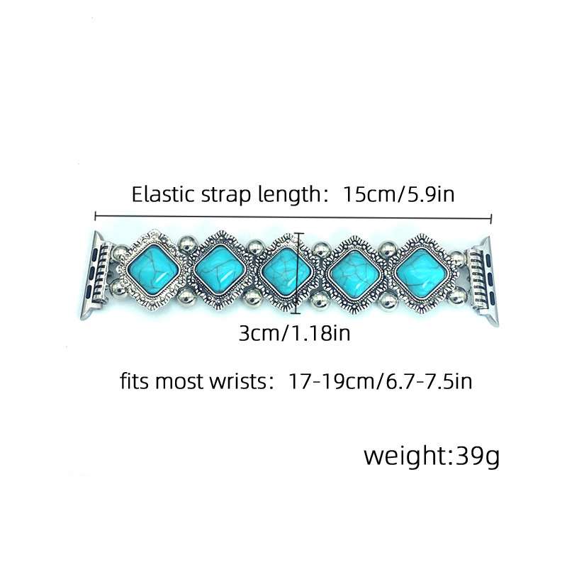 Silver-toned elastic bracelet with six turquoise-colored square stones, shown with overlaid dimension lines and text indicating strap length of 15cm, width of 3cm, fit for most wrists, and weight of 39g.