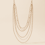 A multi-strand gold-tone chain necklace with layered paperclip, cable, and delicate chain details, displayed against a solid cream background.