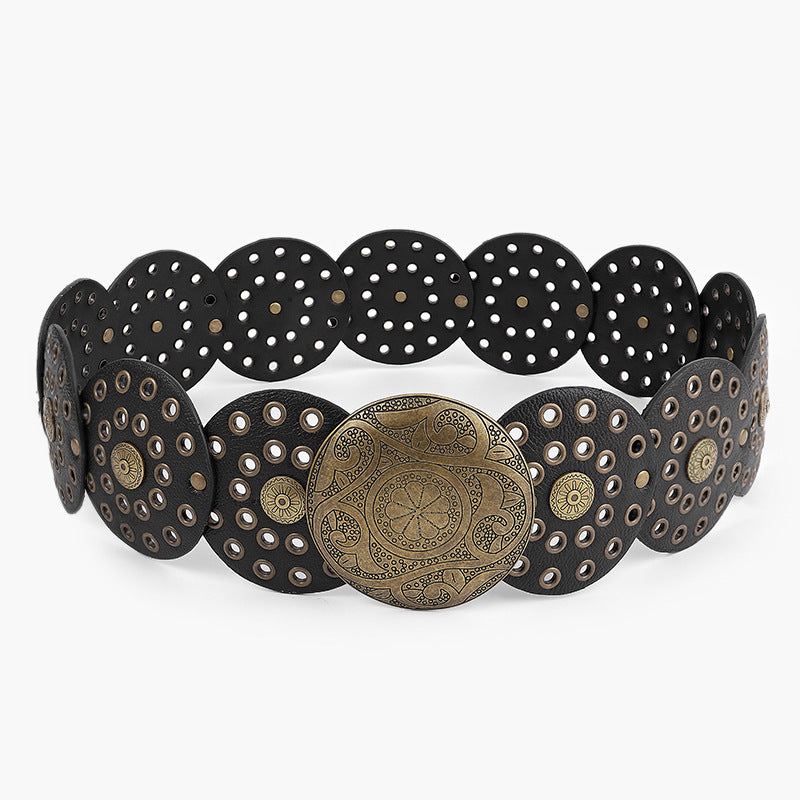 Disc Hook Leather Retro Rivet Alloy Belt Wide Belt - sparklesway.co.uk 