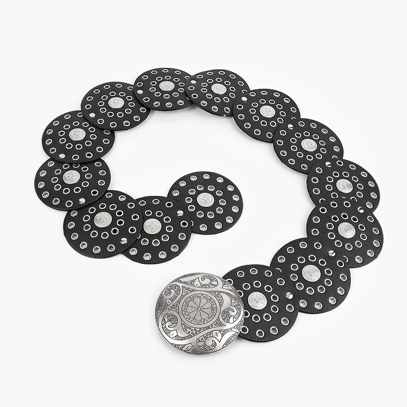 Disc Hook Leather Retro Rivet Alloy Belt Wide Belt - sparklesway.co.uk 