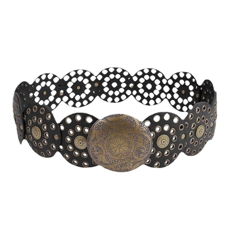 Disc Hook Leather Retro Rivet Alloy Belt Wide Belt - sparklesway.co.uk 