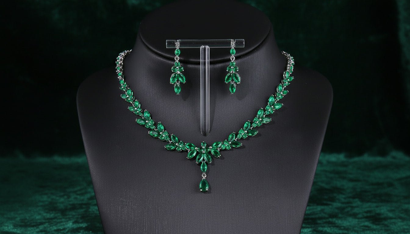 Emerald Green Crystal Jewelry Set | Statement Necklace & Earrings for Women - sparklesway.co.uk 