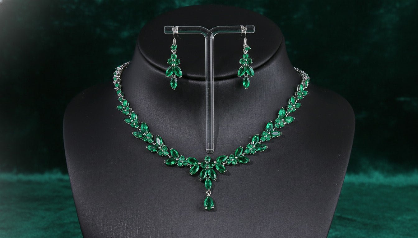 Emerald Green Crystal Jewelry Set | Statement Necklace & Earrings for Women - sparklesway.co.uk 