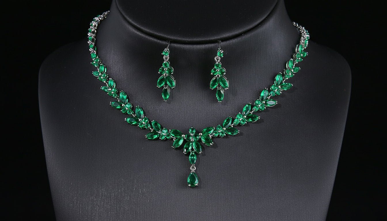 Emerald Green Crystal Jewelry Set | Statement Necklace & Earrings for Women - sparklesway.co.uk 