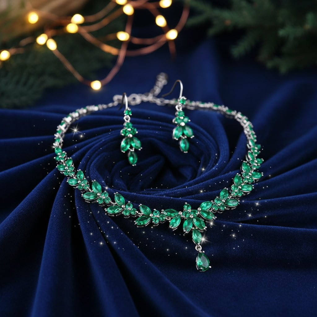 Emerald Green Crystal Jewelry Set | Statement Necklace & Earrings for Women - sparklesway.co.uk 