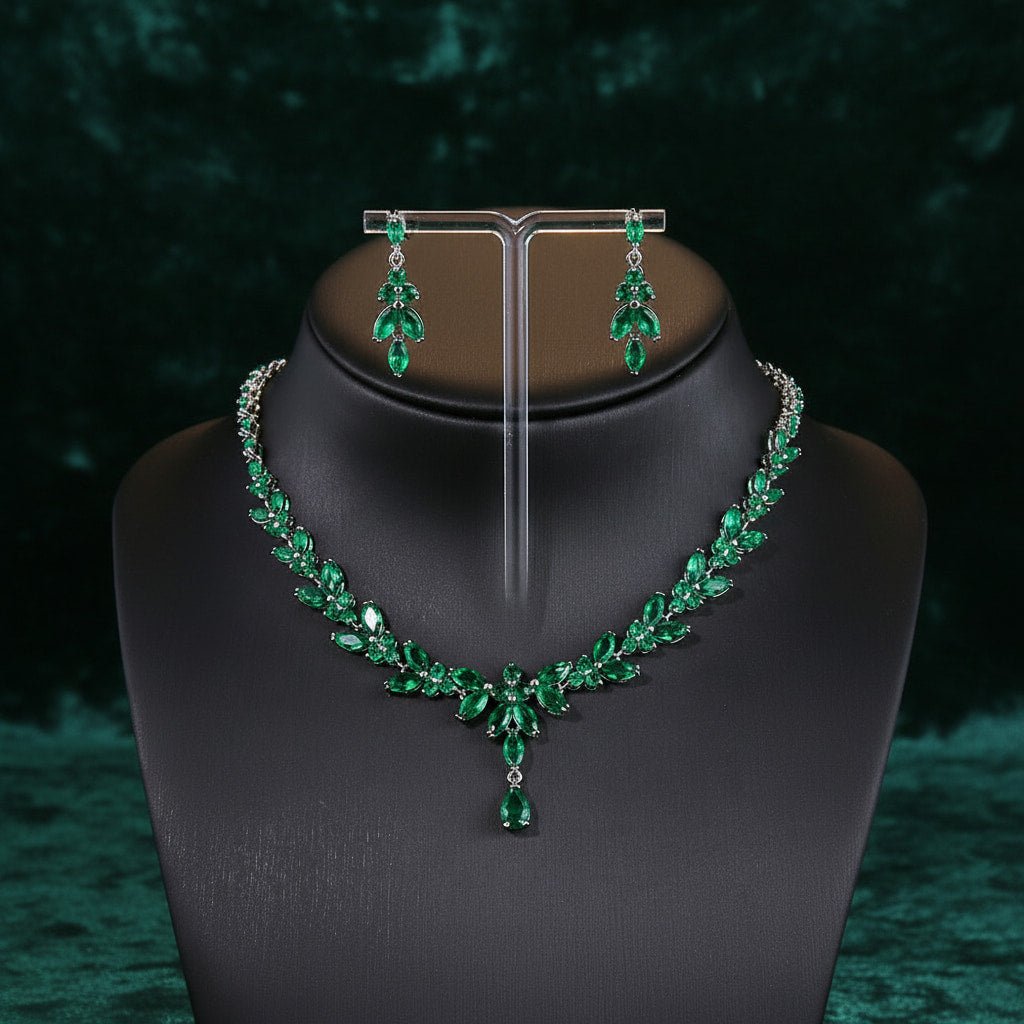 Emerald Green Crystal Jewelry Set | Statement Necklace & Earrings for Women - sparklesway.co.uk 