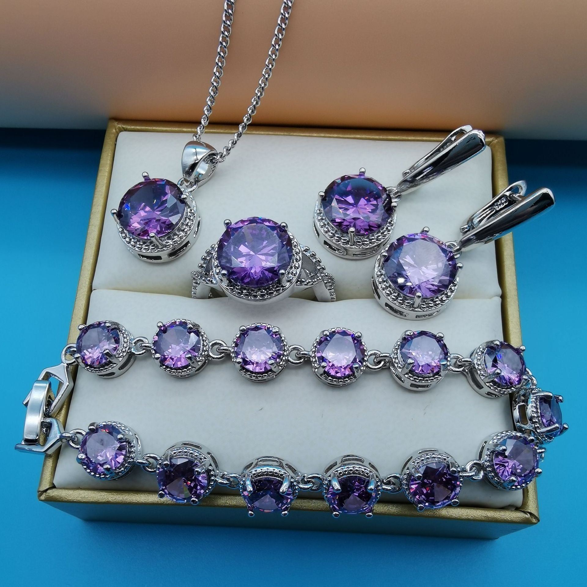 European And American Style Jewelry Round Diamond 4 PCs Set - sparklesway.co.uk 