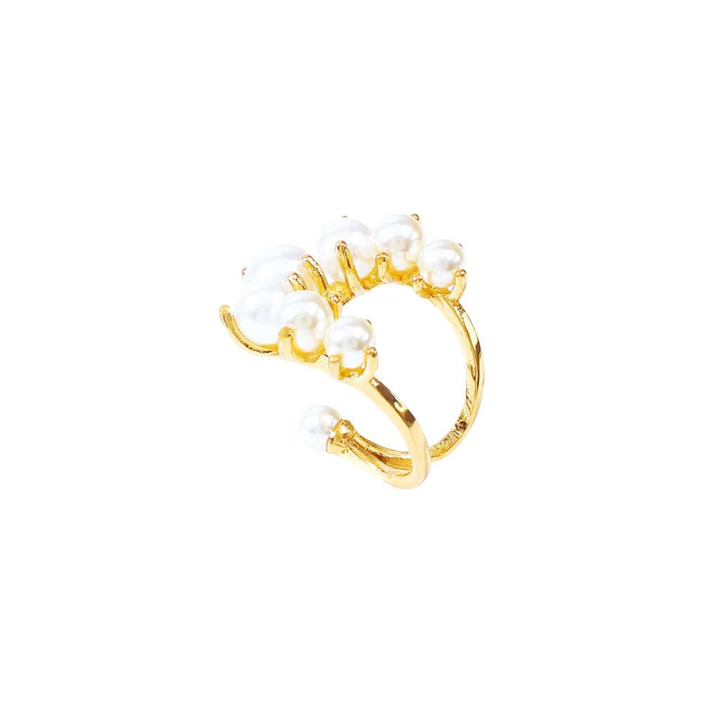 A gold-plated ring featuring a cluster of white freshwater pearls on a plain white background.