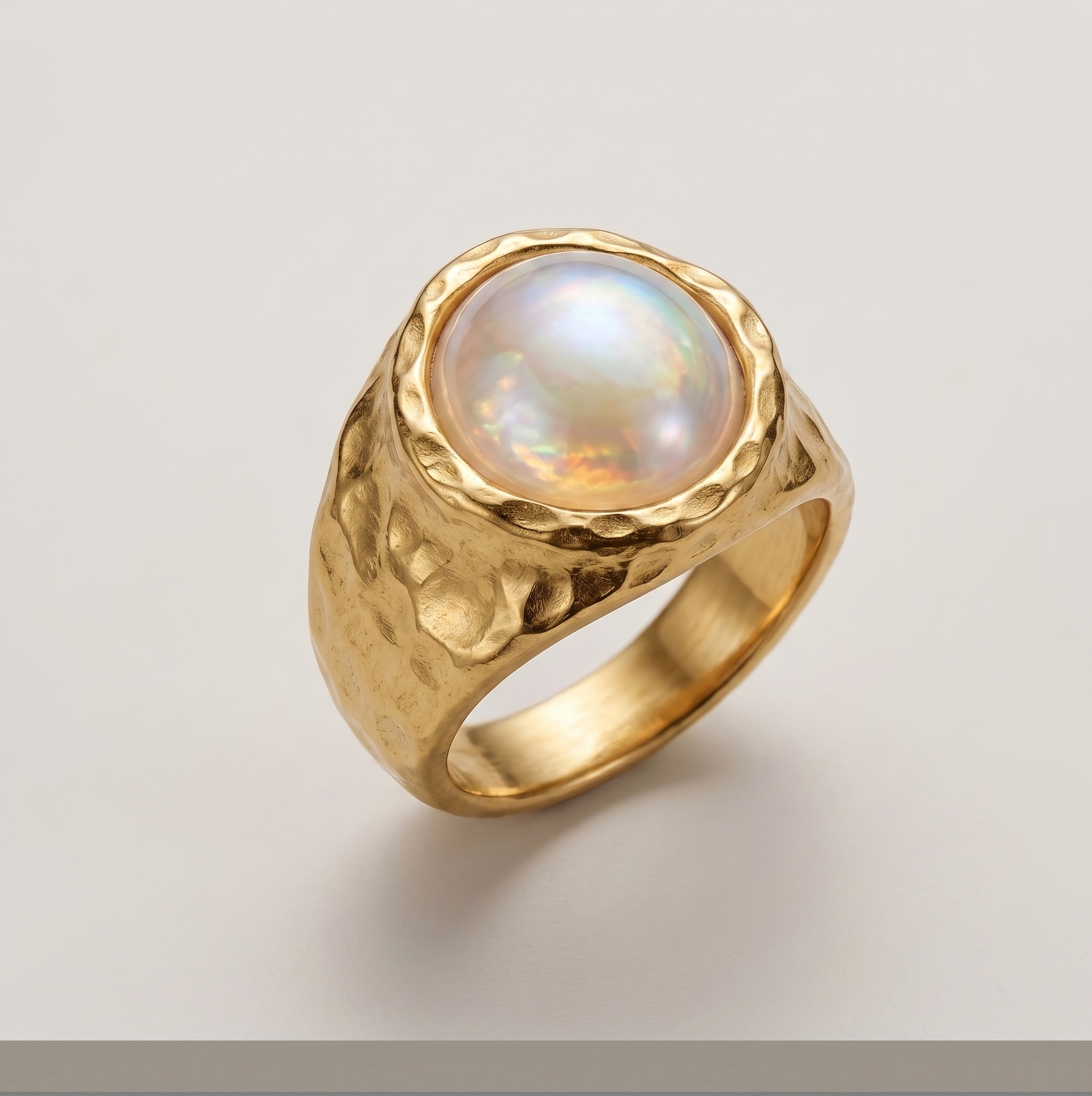 Stainless Steel Ring With A Hammered Texture And A Pearl
