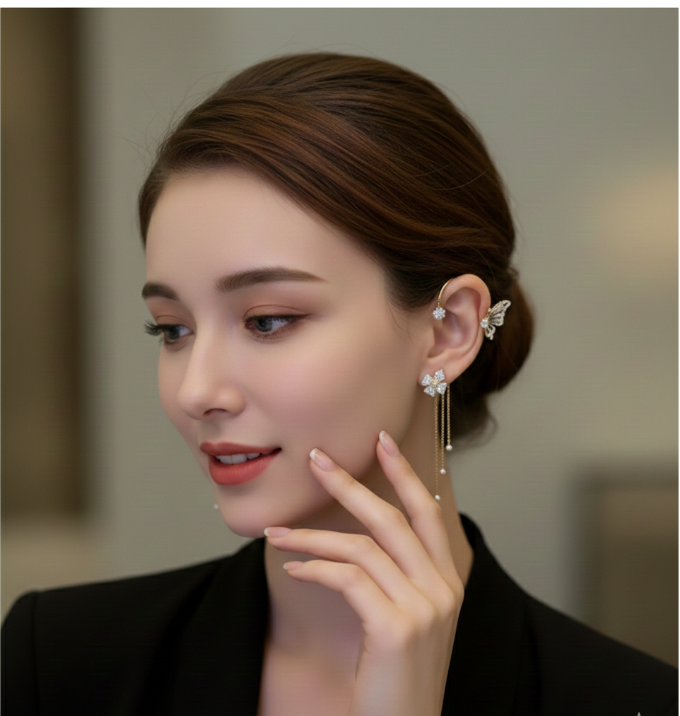 Light And Luxurious Full Zirconium Butterfly Flower Tassel Earrings Without Pierced Color Preservation - sparklesway.co.uk 
