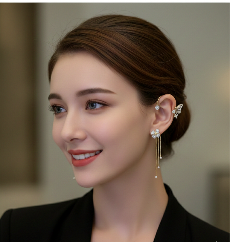 Light And Luxurious Full Zirconium Butterfly Flower Tassel Earrings Without Pierced Color Preservation - sparklesway.co.uk 