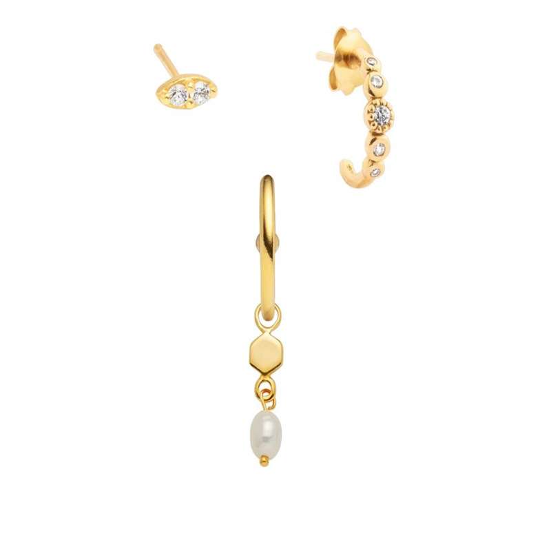 Gold hoop earrings with pearl and gemstone accents on a white background