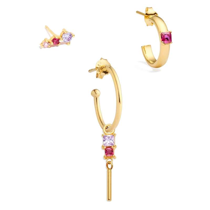 Gold hoop earrings with pink and purple gemstones on a white background