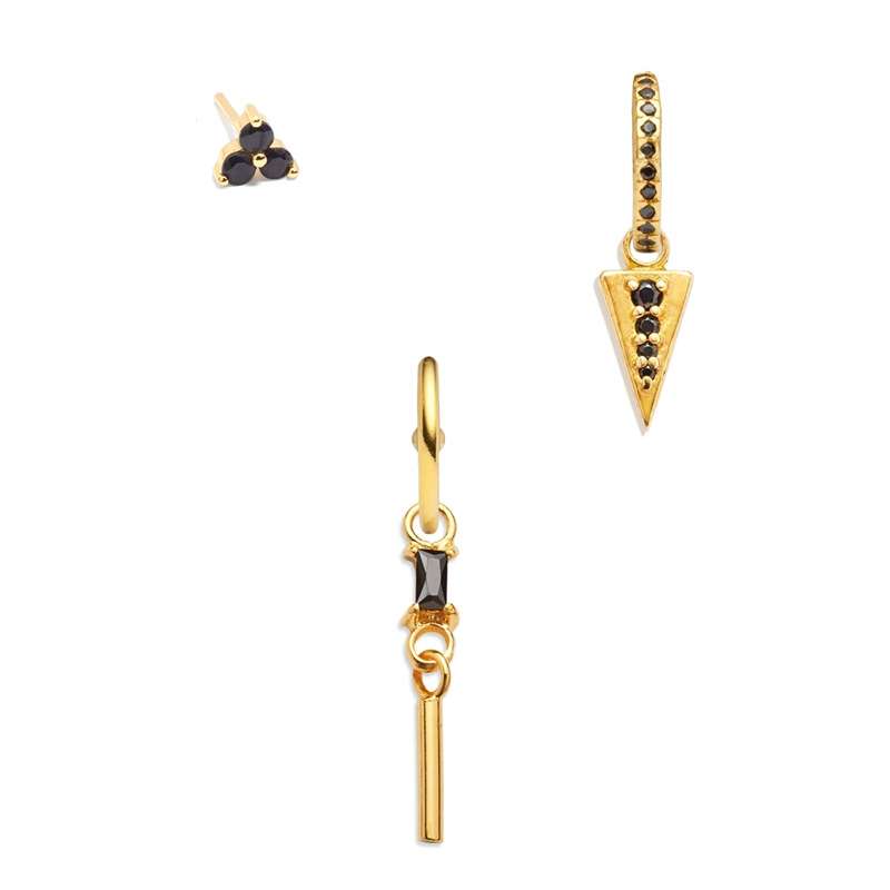 Gold earrings with black gemstones on a white background