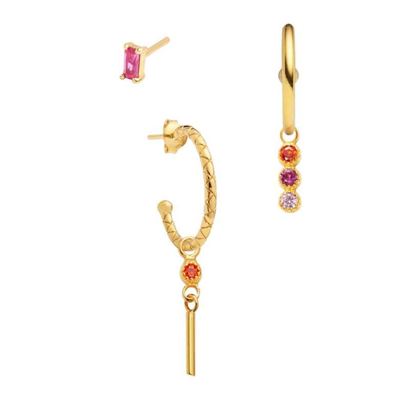 Gold earrings with colorful gemstones on a white background