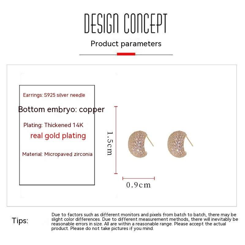 Product specifications of earrings with gold plating and micropaved zirconia details.