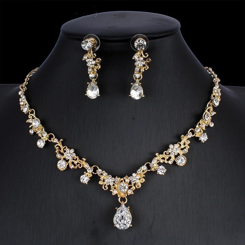 Golden Zircon Jewelry Set Bridal Necklace Earrings Wedding Two-piece Set - sparklesway.co.uk 
