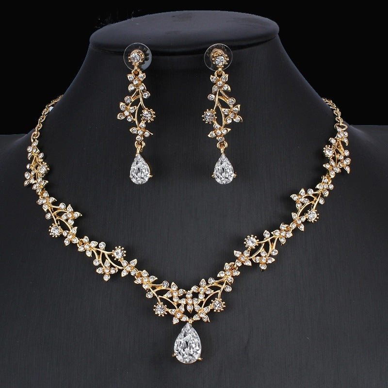 Golden Zircon Jewelry Set Bridal Necklace Earrings Wedding Two-piece Set - sparklesway.co.uk 