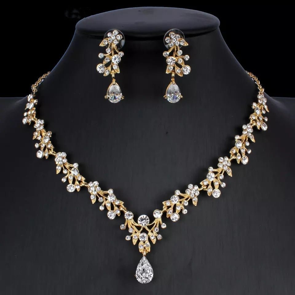 Golden Zircon Jewelry Set Bridal Necklace Earrings Wedding Two-piece Set - sparklesway.co.uk 