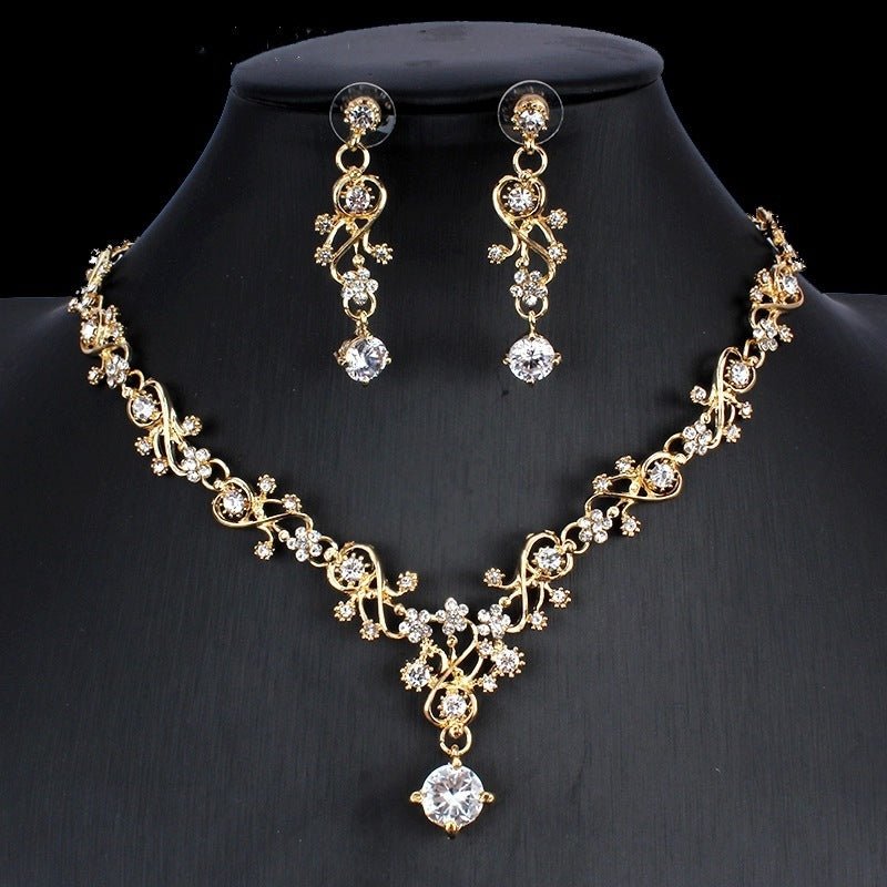 Golden Zircon Jewelry Set Bridal Necklace Earrings Wedding Two-piece Set - sparklesway.co.uk 