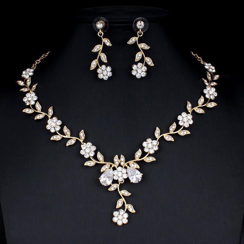 Golden Zircon Jewelry Set Bridal Necklace Earrings Wedding Two-piece Set - sparklesway.co.uk 