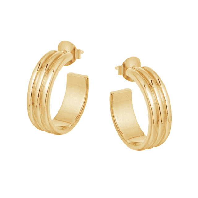 A pair of polished yellow gold hoop earrings with three parallel grooved bands, shown on a plain white background.