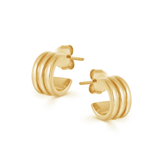 A pair of gold hoop earrings with a triple-band twisted design, shown on a clean white background.