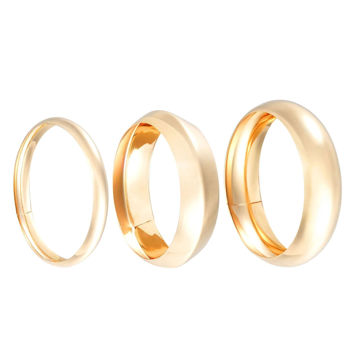 Three gold rings of different sizes on a white background