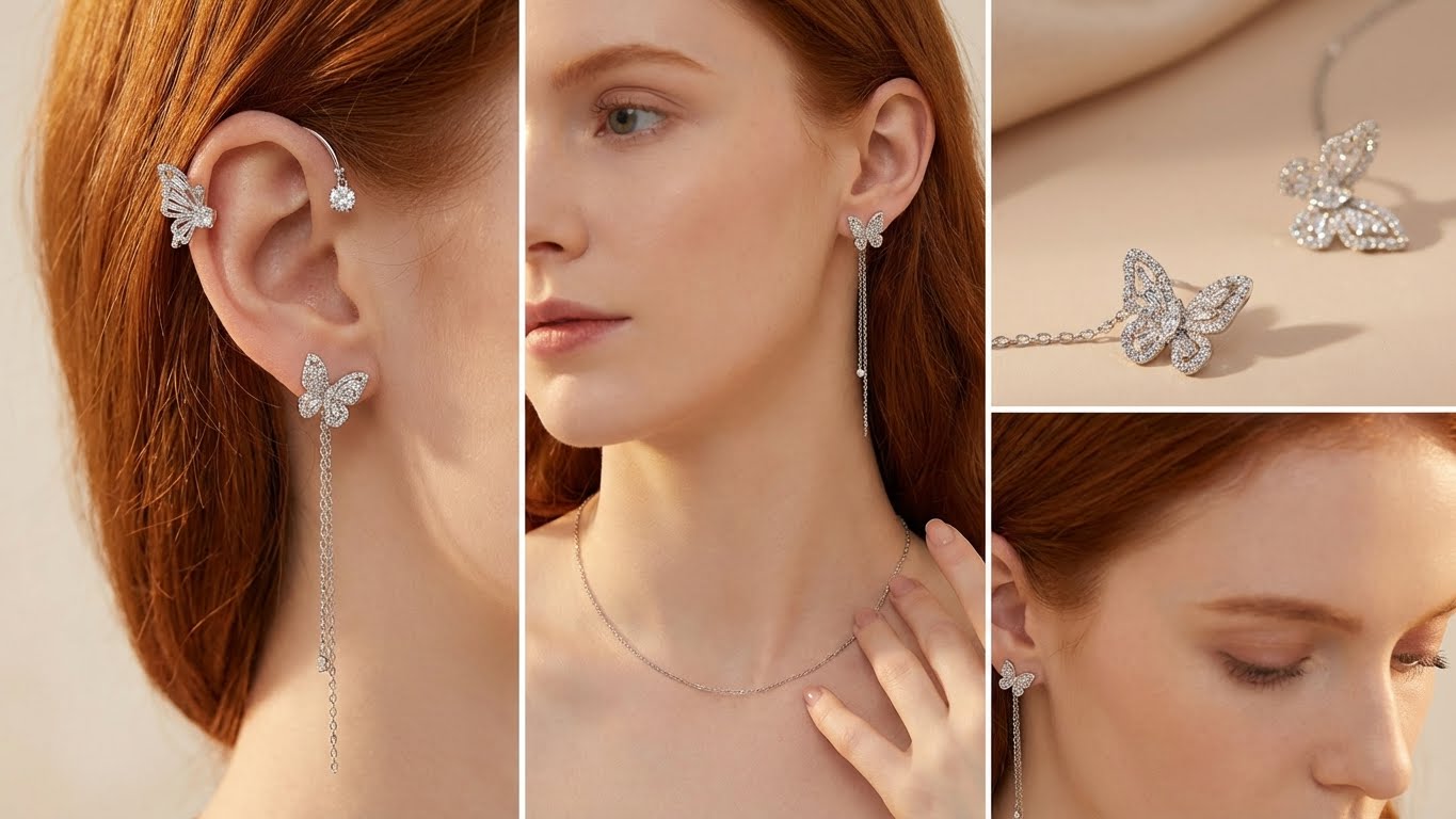 Light And Luxurious Full Zirconium Butterfly Flower Tassel Earrings Without Pierced Color Preservation - sparklesway.co.uk 