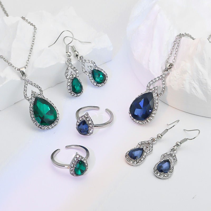 Light Luxury Zircon Necklace Earrings Open Ring Jewelry Suit - sparklesway.co.uk 