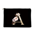 Black pouch with floral design and letter 'A' on a white background