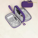 Purple and gray travel case with electronic items on a beige background, featuring the brand 'Sparkle Sway'.