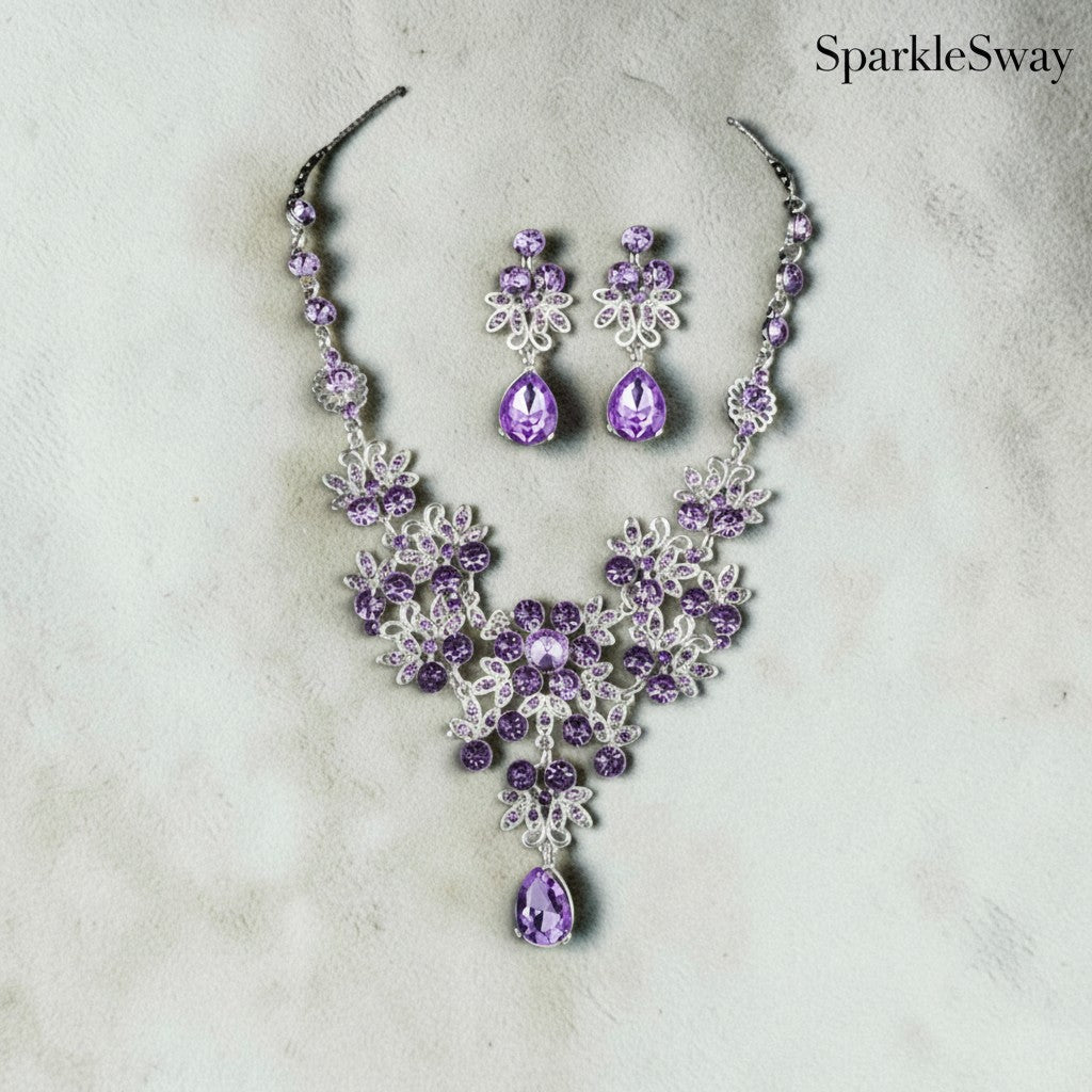 Purple jewelry set with necklace and earrings on a textured surface, branded 'SparkleSway'.