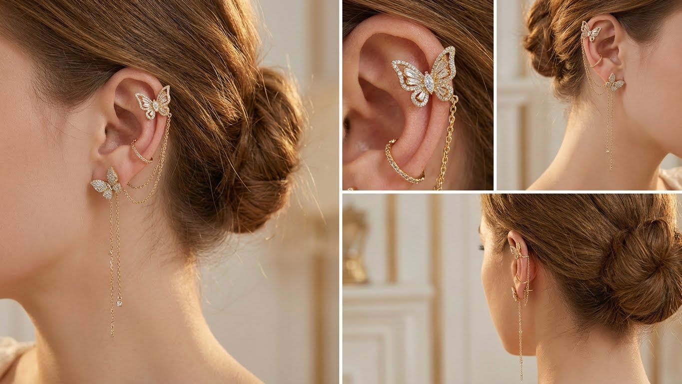 Light And Luxurious Full Zirconium Butterfly Flower Tassel Earrings Without Pierced Color Preservation - sparklesway.co.uk 