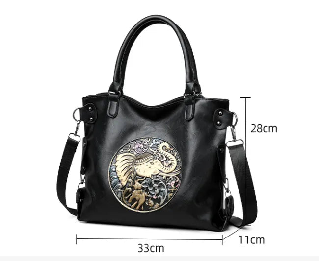 Retro Chinese Style Graceful And Fashionable Soft Bread handbag in black with stylish circular design, dimensions 33x11x28cm.