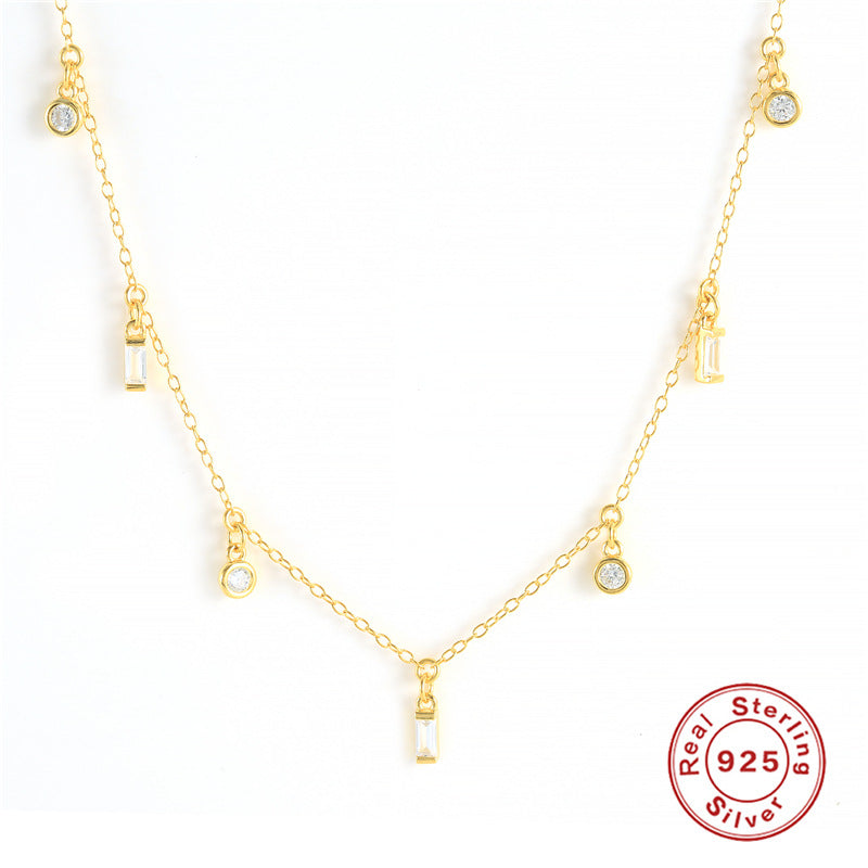 S925 Sterling Silver Rectangular Pendant Clavicle Necklace - sparklesway.co.uk 