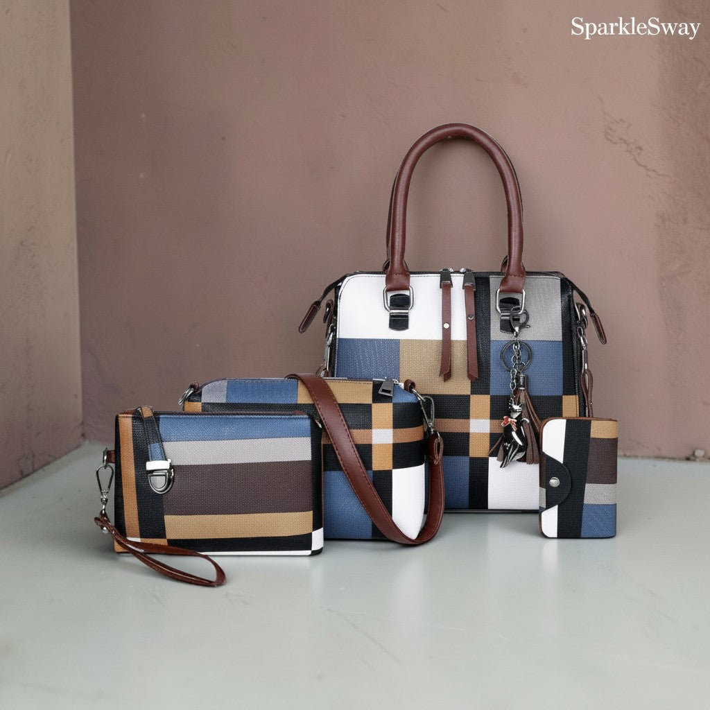 Set of patterned handbags with a keychain on a neutral background, branded 'SparklesWray'.
